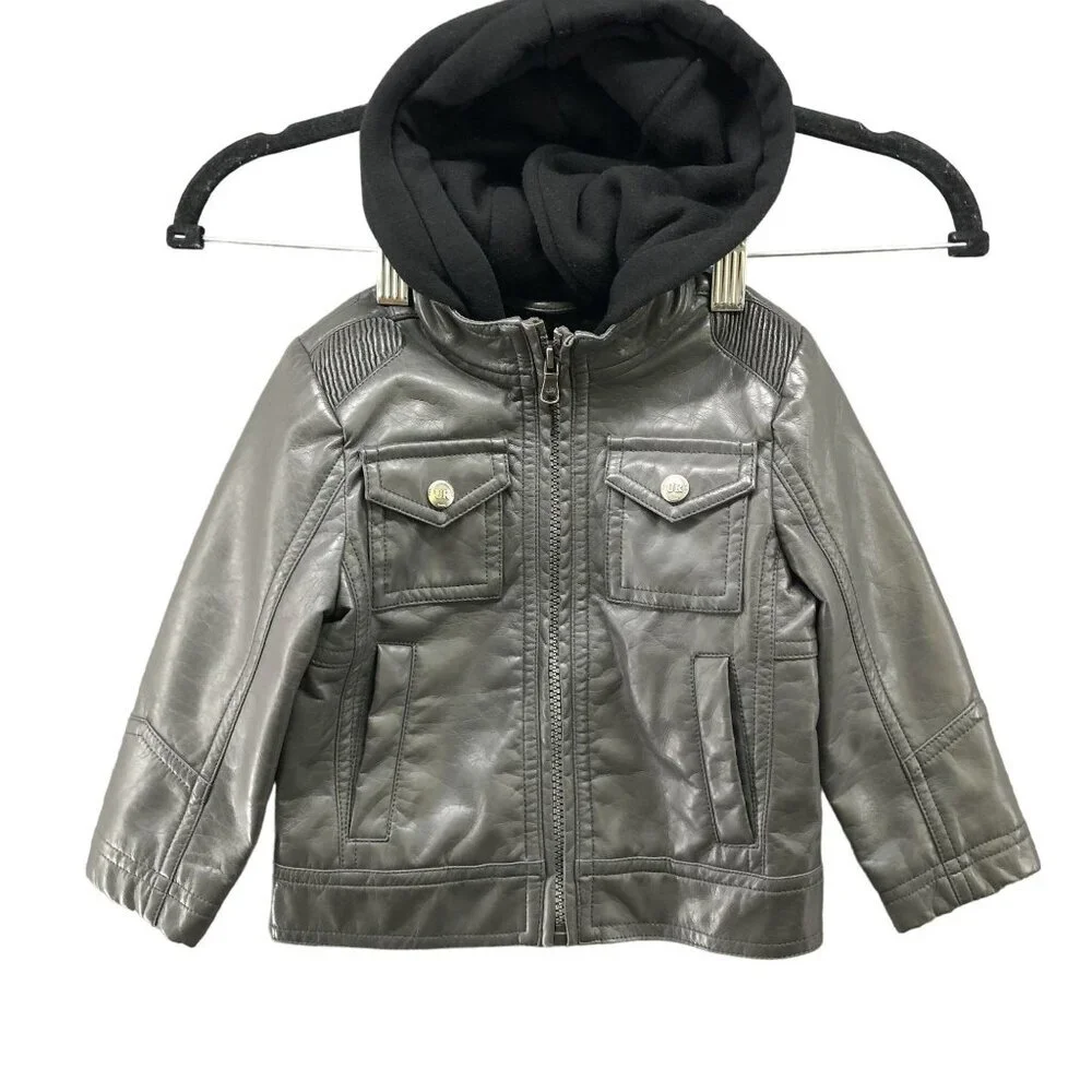 Urban Republic Boys 18M Faux Leather‎ Moto Jacket Gray Hooded Full Zip Flight